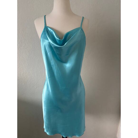 Vintage Bebe Aqua Blue Satin Cowl Neck Slip Dress Made in USA, Size L - Picture 1 of 9